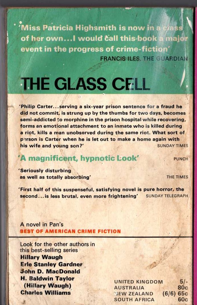 Patricia Highsmith  THE GLASS CELL magnified rear book cover image