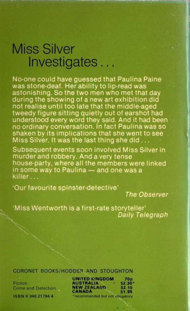 Patricia Wentworth  THE LISTENING EYE magnified rear book cover image