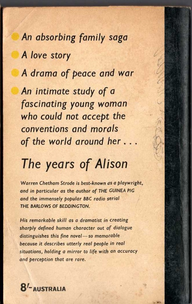 Warren Chetham Strode  THE YEARS OF ALISON magnified rear book cover image