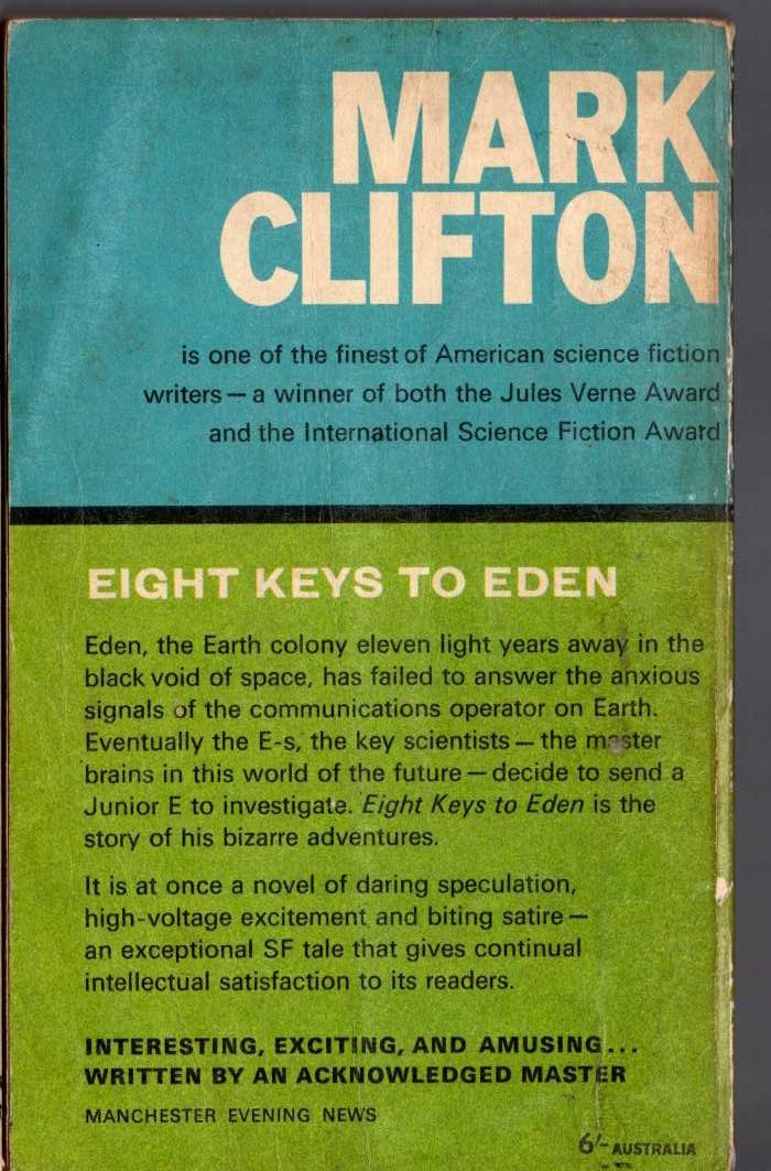 Mark Clifton  EIGHT KEYS TO EDEN magnified rear book cover image