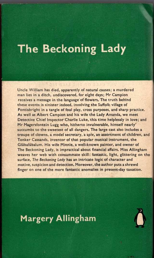 Margery Allingham  THE BECKONING LADY magnified rear book cover image