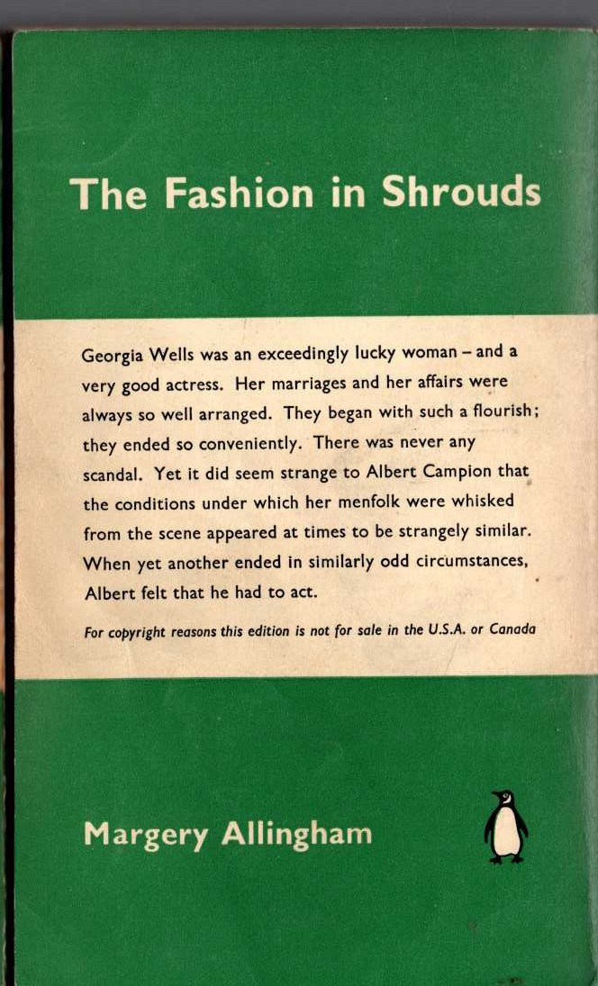 Margery Allingham  THE FASHION IN SHROUDS magnified rear book cover image