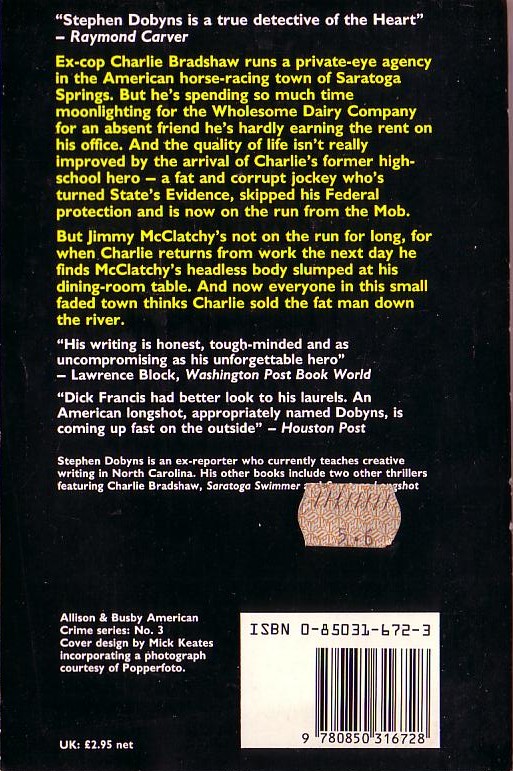 Stephen Dobyns  SARATOGA HEADHUNTER magnified rear book cover image