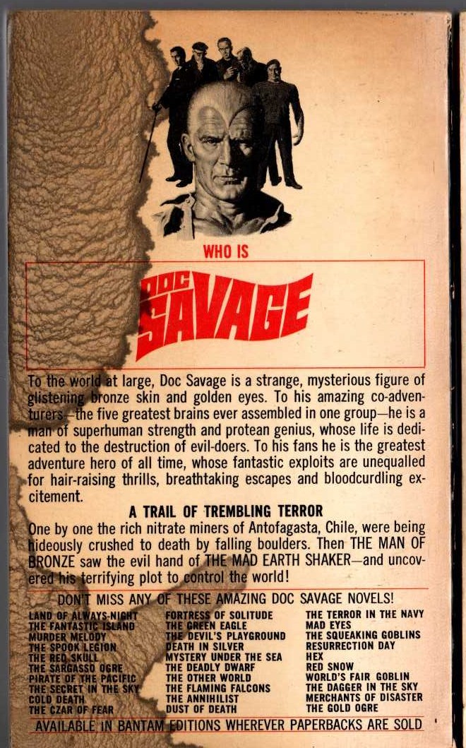 Kenneth Robeson  DOC SAVAGE: THE MAN WHO SHOOK THE EARTH magnified rear book cover image