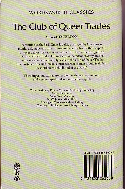 G.K. Chesterton  THE CLUB OF QUEER TRADES magnified rear book cover image