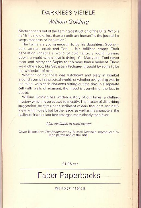 William Golding  DARKNESS VISIBLE magnified rear book cover image