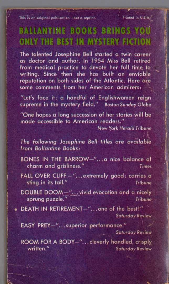 Josephine Bell  DEATH AT THE MEDICAL BOARD magnified rear book cover image