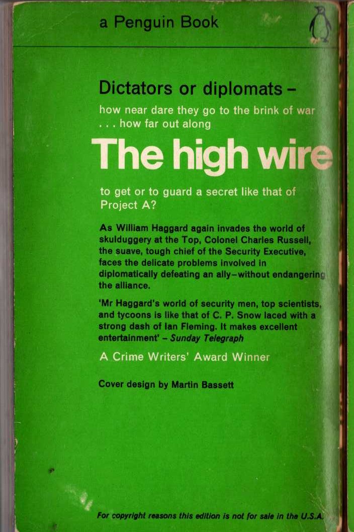 William Haggard  THE HIGH WIRE magnified rear book cover image
