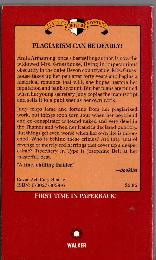 Josephine Bell  TREACHERY IN TYPE magnified rear book cover image