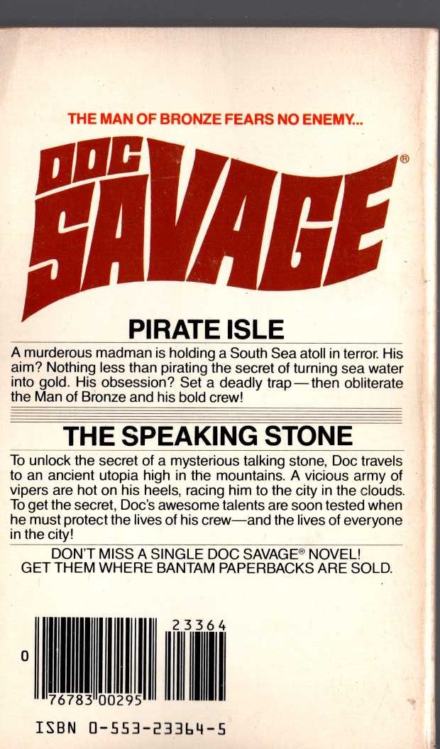 Kenneth Robeson  DOC SAVAGE: PIRATE ISLE and THE SPEAKING STONE magnified rear book cover image
