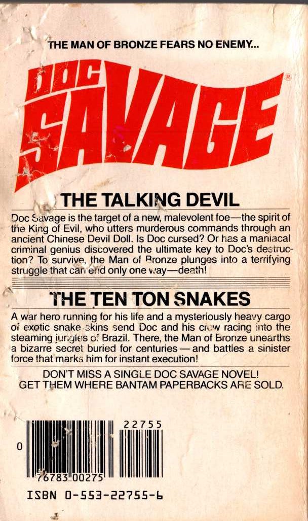 Kenneth Robeson  DOC SAVAGE: THE TALKING DEVIL and THE TEN TON SNAKES magnified rear book cover image