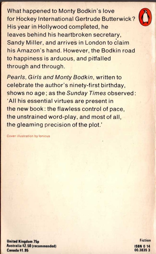 P.G. Wodehouse  PEARLS, GIRLS AND MONTY BODKIN magnified rear book cover image