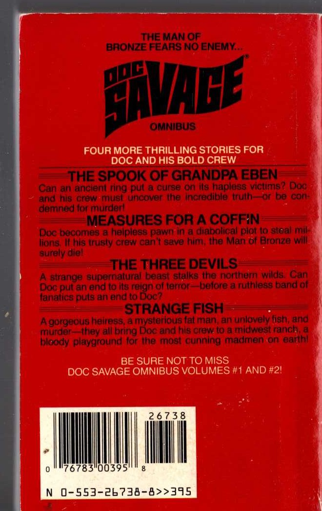 Kenneth Robeson  DOC SAVAGE: MEASURE FOR A COFFIN and THE THREE DEVILS and THE SPOOK OF GRANDPA EBEN and STRANGE FISH magnified rear book cover image
