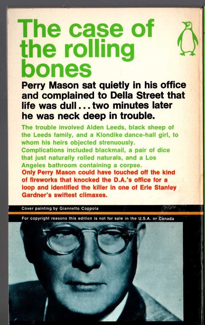 Erle Stanley Gardner  THE CASE OF THE ROLLING BONES magnified rear book cover image