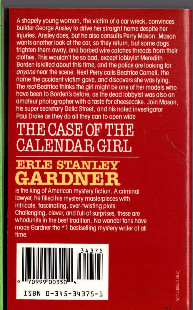 Erle Stanley Gardner  THE CASE OF THE CALENDAR GIRL magnified rear book cover image