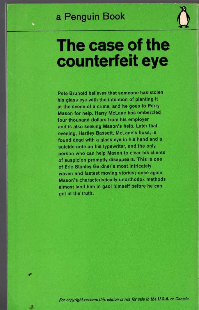 Erle Stanley Gardner  THE CASE OF THE COUNTERFEIT EYE magnified rear book cover image