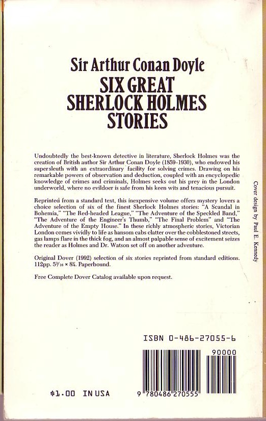 Sir Arthur Conan Doyle  SIX GREAT SHERLOCK HOLMES STORIES magnified rear book cover image