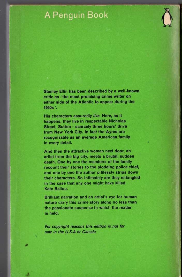 Stanley Ellin  THE KEY TO NICHOLAS STREET magnified rear book cover image