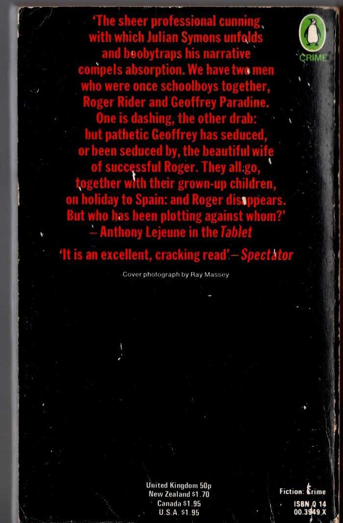 Julian Symons  THE PLOT AGAINST ROGER RIDER magnified rear book cover image