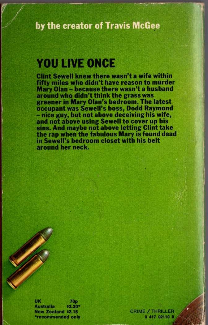 John D. MacDonald  YOU LIVE ONCE magnified rear book cover image