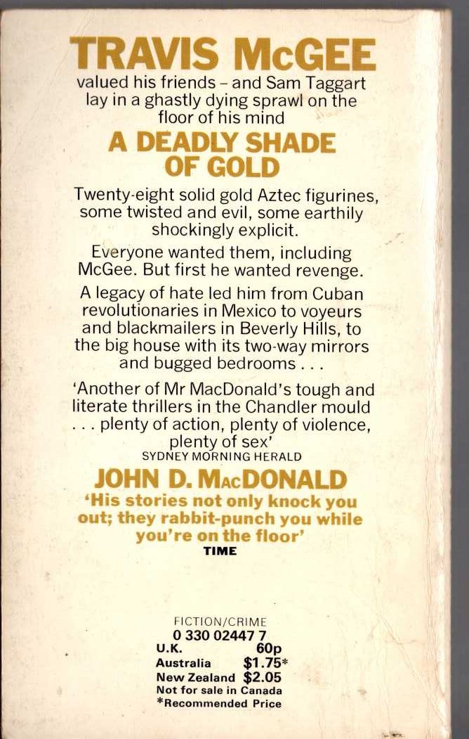 John D. MacDonald  A DEADLY SHADE OF GOLD magnified rear book cover image