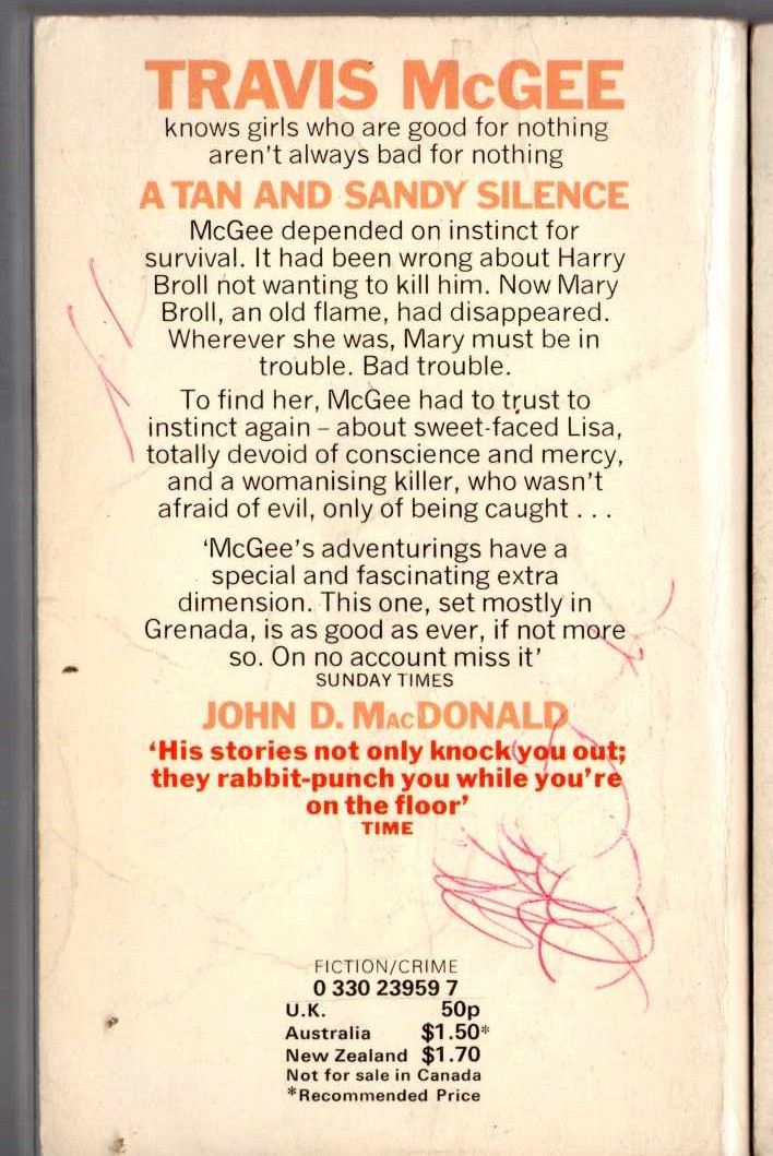 John D. MacDonald  A TAN AND SANDY SILENCE magnified rear book cover image