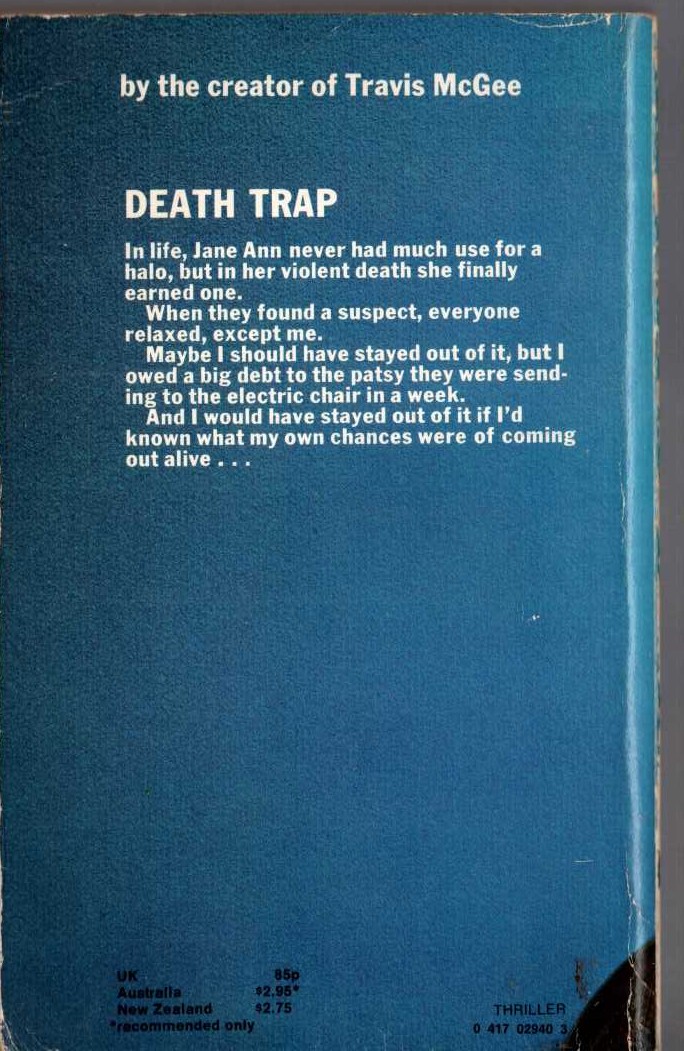 John D. MacDonald  DEATH TRAP magnified rear book cover image