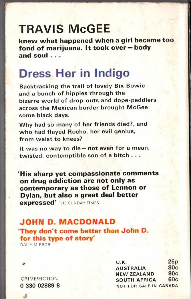 John D. MacDonald  DRESS HER IN INDIGO magnified rear book cover image