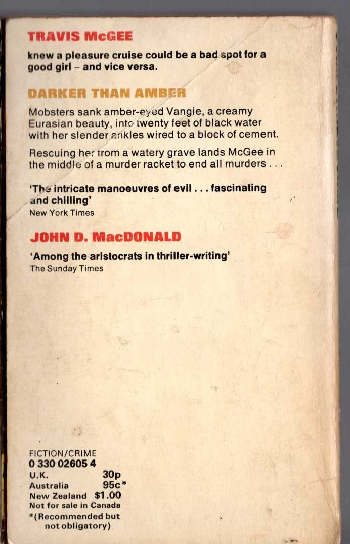 John D. MacDonald  DARKER THAN AMBER magnified rear book cover image