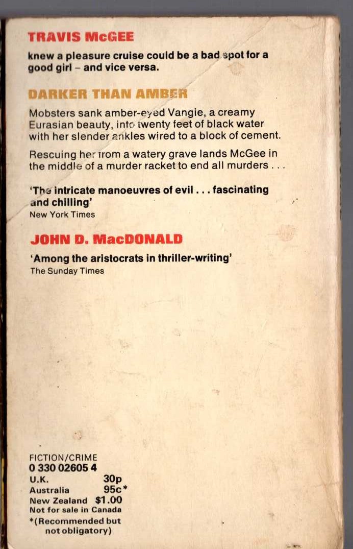 John D. MacDonald  DARKER THAN AMBER magnified rear book cover image
