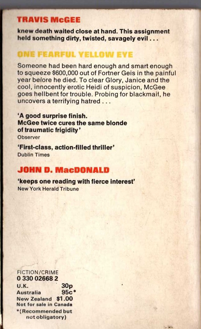 John D. MacDonald  ONE FEARFUL YELLOW EYE magnified rear book cover image