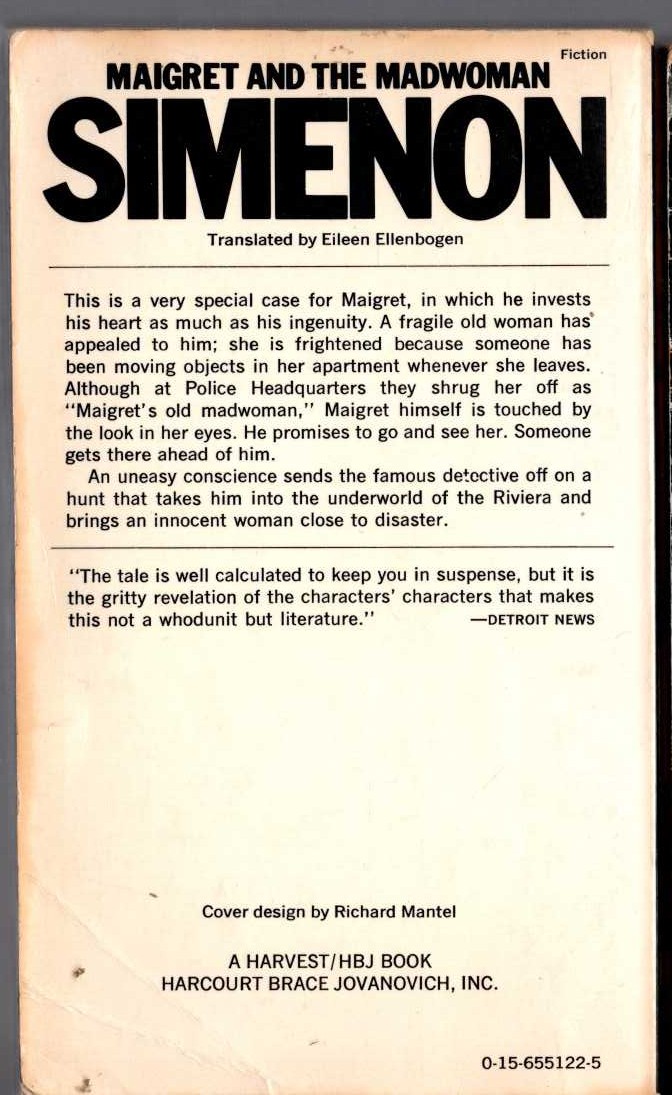 Georges Simenon  MAIGRET AND THE MADWOMAN magnified rear book cover image