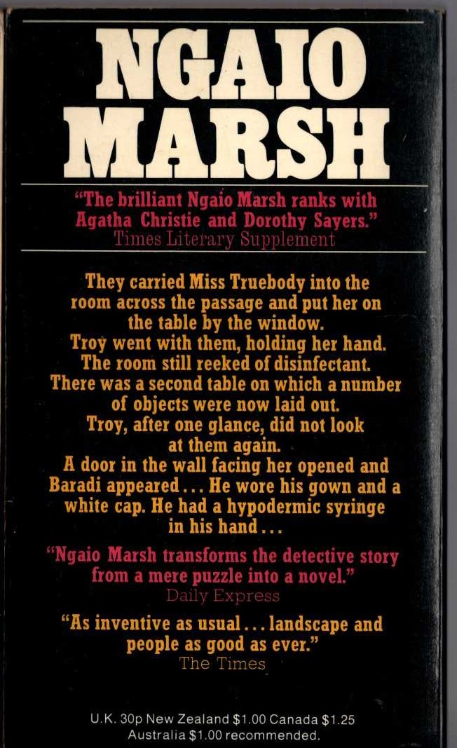 Ngaio Marsh  SPINSTERS IN JEOPARDY magnified rear book cover image