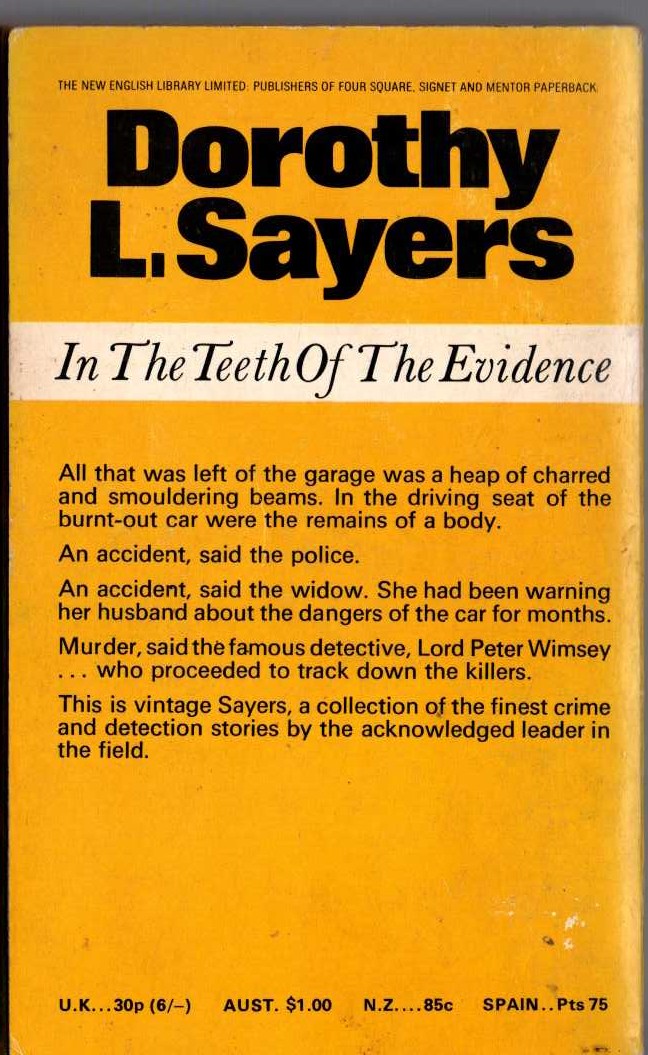 Dorothy L. Sayers  IN THE TEETH OF THE EVIDENCE magnified rear book cover image