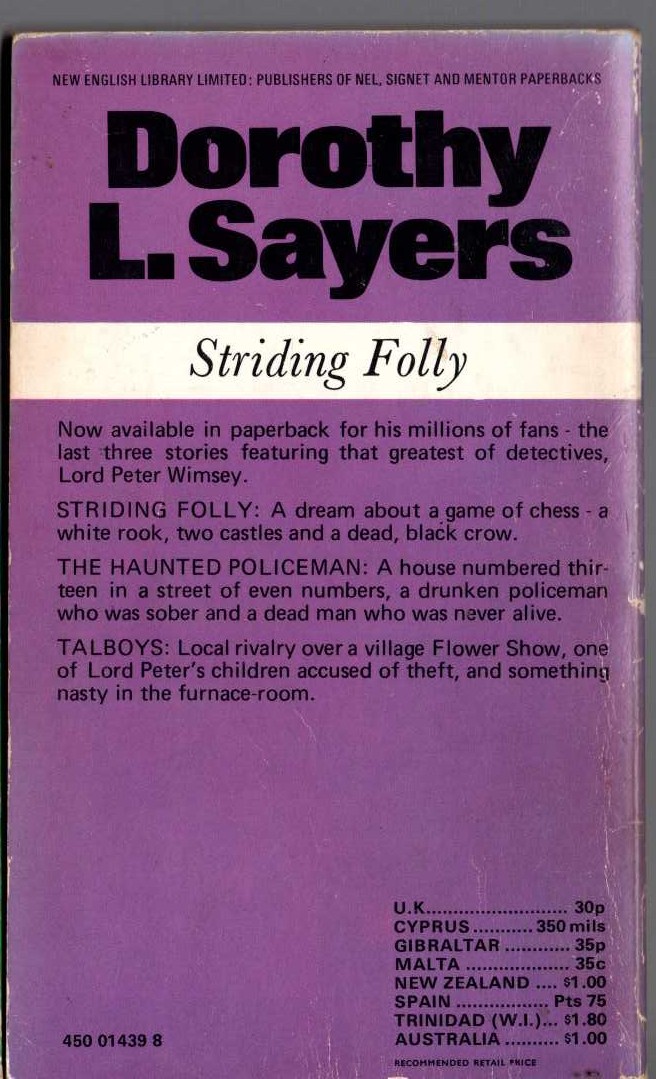 Dorothy L. Sayers  STRIDING FOLLY magnified rear book cover image