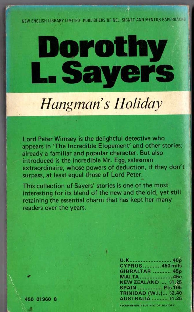 Dorothy L. Sayers  HANGMAN'S HOLIDAY magnified rear book cover image