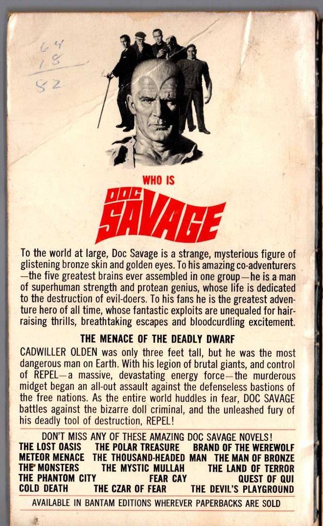 Kenneth Robeson  DOC SAVAGE: THE DEADLEY DWARF magnified rear book cover image