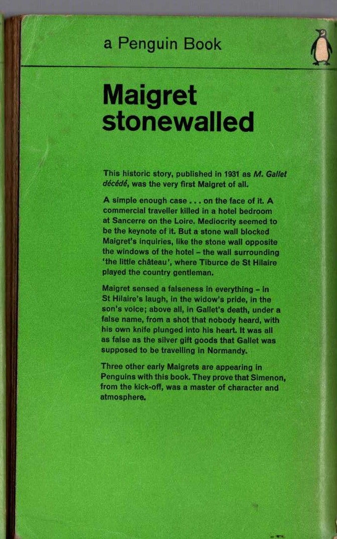 Georges Simenon  MAIGRET STONEWALLED magnified rear book cover image