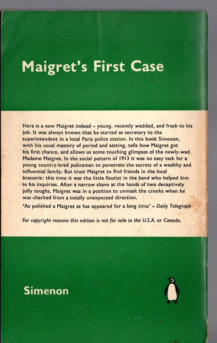 Georges Simenon  MAIGRET'S FIRST CASE magnified rear book cover image