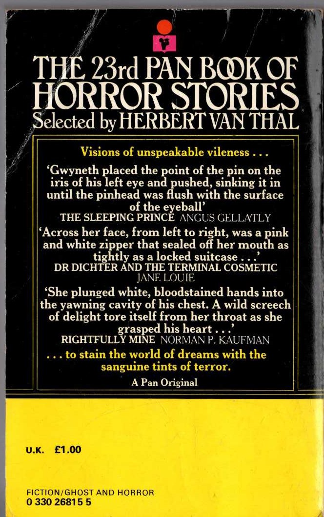 Herbert van Thal (selects) THE 23rd PAN BOOK OF HORROR STORIES. Vol.23 magnified rear book cover image