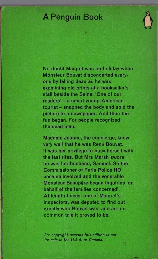 Georges Simenon  INQUEST ON BOUVET magnified rear book cover image