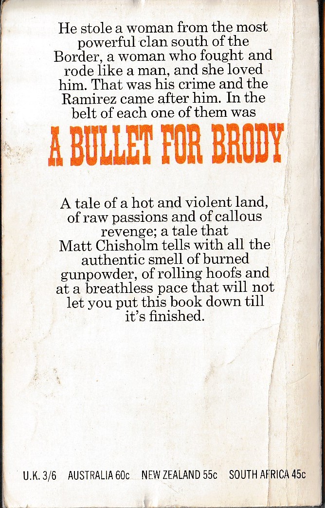 Matt Chisholm  A BULLET FOR BRODY magnified rear book cover image