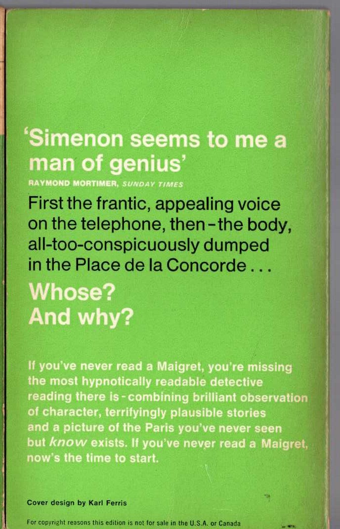 Georges Simenon  MAIGRET'S SPECIAL MURDER magnified rear book cover image