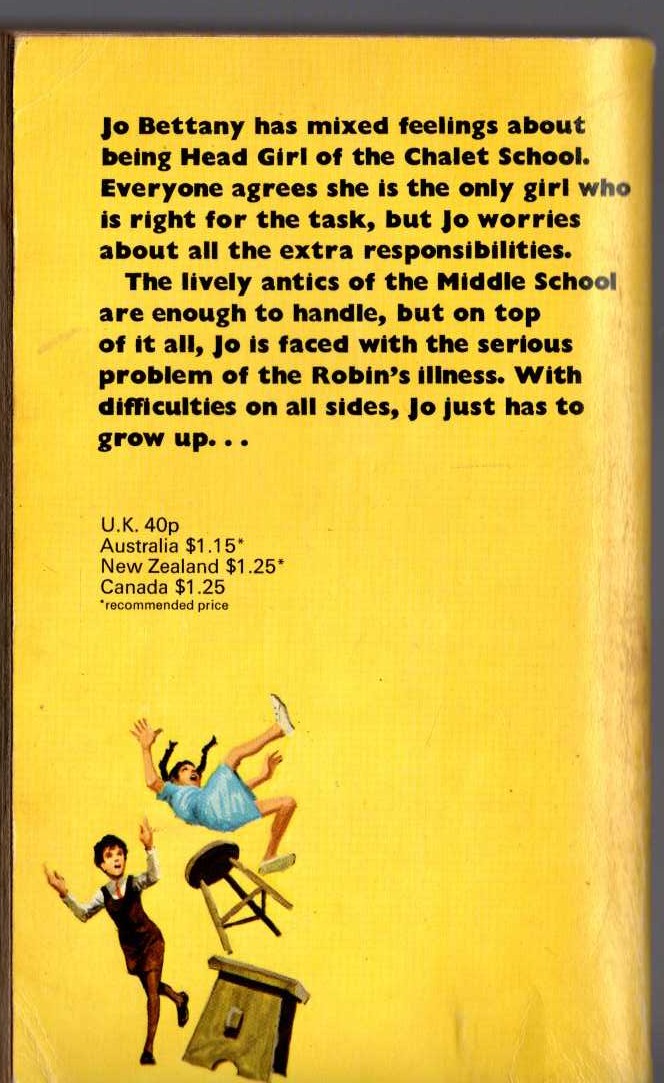 Elinor M. Brent-Dyer  THE CHALET SCHOOL AND JO magnified rear book cover image