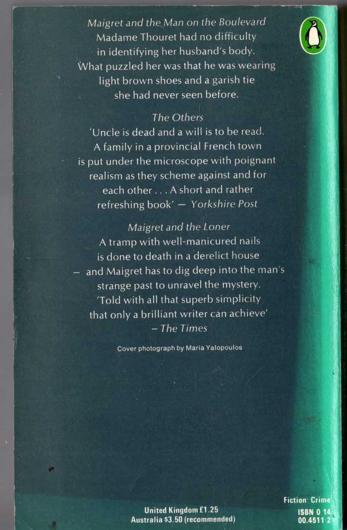 Georges Simenon  THE THIRTEENTH SIMENON OMNIBUS: MAIGRET AND THE MAN ON THE BOULEVARD/ THE OTHERS/ MAIGRET AND THE LONER magnified rear book cover image