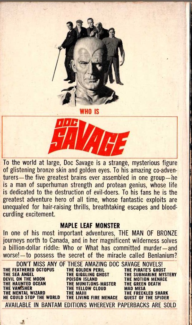Kenneth Robeson  DOC SAVAGE: THE MYSTERY ON THE SNOW magnified rear book cover image