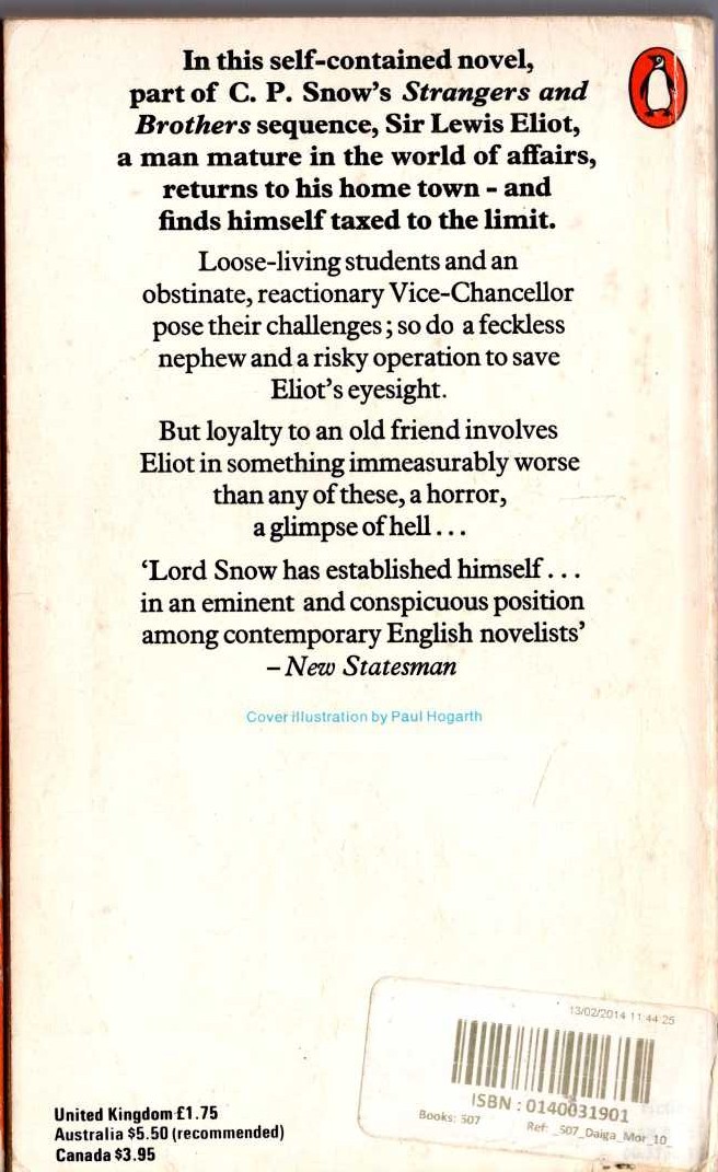 C.P. Snow  THE SLEEP OF REASON magnified rear book cover image