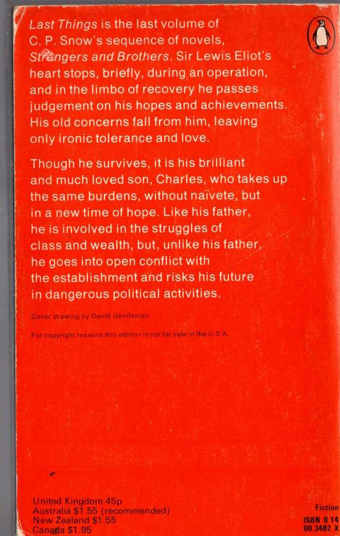 C.P. Snow  LAST THINGS magnified rear book cover image