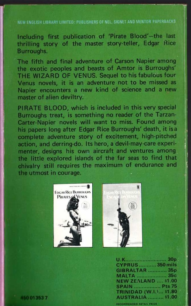 Edgar Rice Burroughs  THE WIZARD OF VENUS magnified rear book cover image