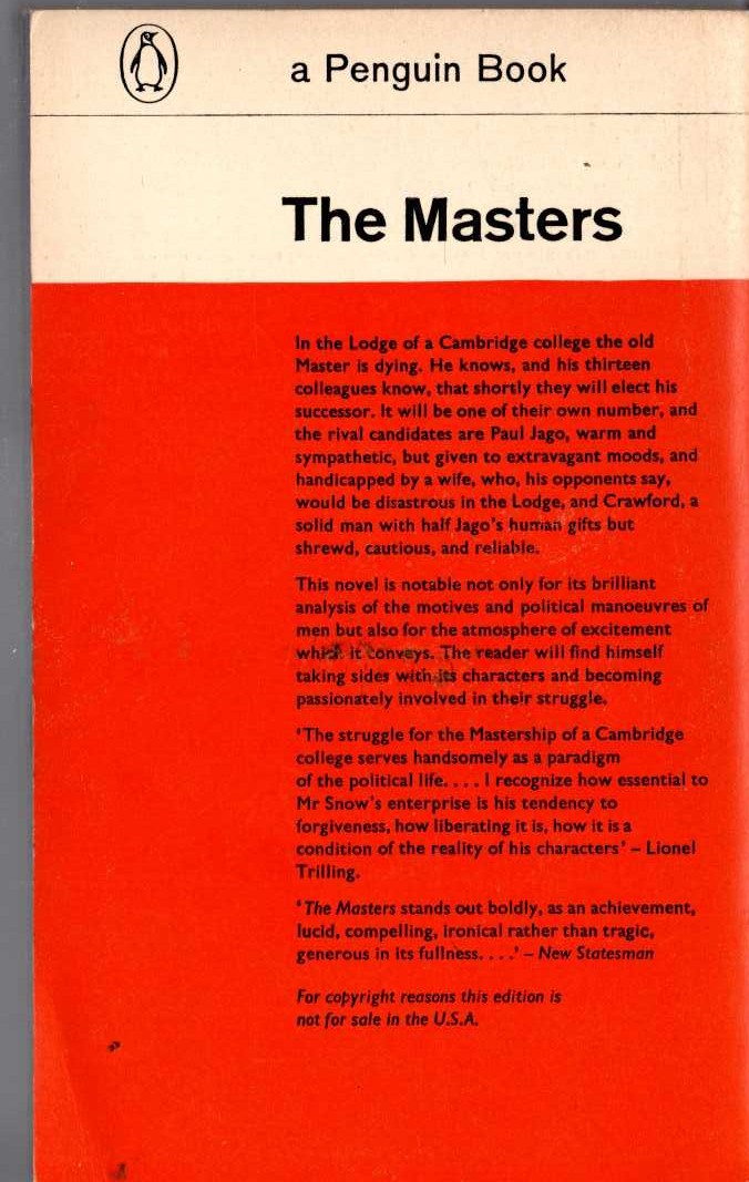 C.P. Snow  THE MASTERS magnified rear book cover image